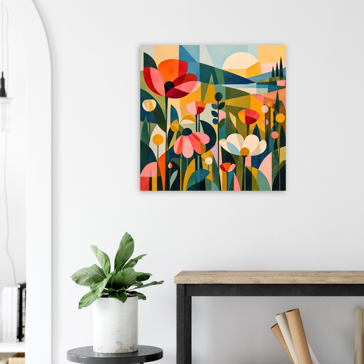 Quadratisches abstraktes Blumenposter mit roten Blättern, gelben Punkten und blauen Flächen