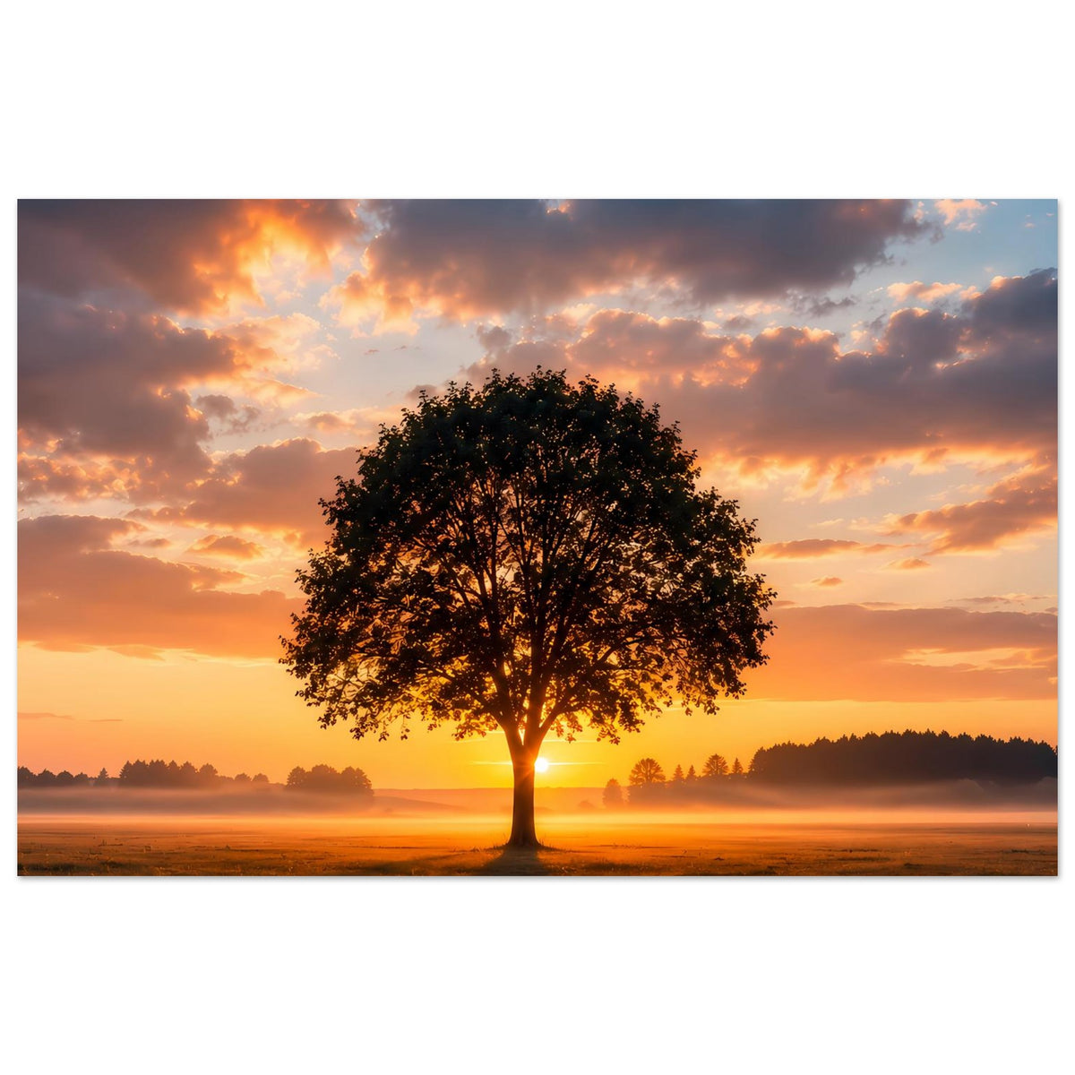 Baum-Poster mit dunkelgrünem Baum und goldenem Sonnenlicht bei Sonnenuntergang