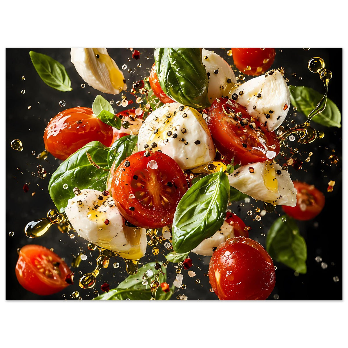 Caprese-Salat-Poster im Querformat: Tomaten, Mozzarella und Basilikum mit goldenen Partikeln.