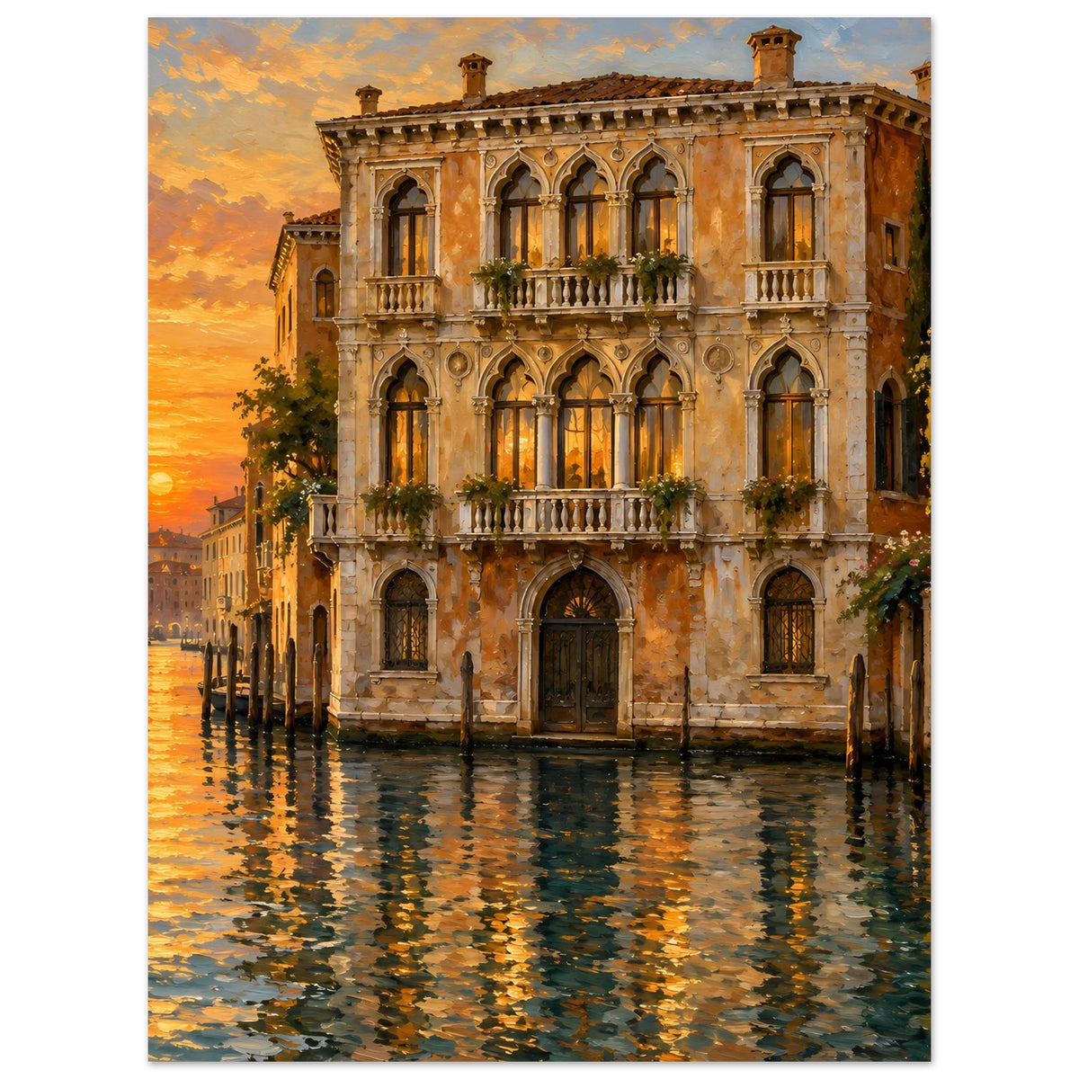 Querformat-Poster mit venezianischem Palazzo, Abendsonne und reflektierendem Wasser im Vordergrund