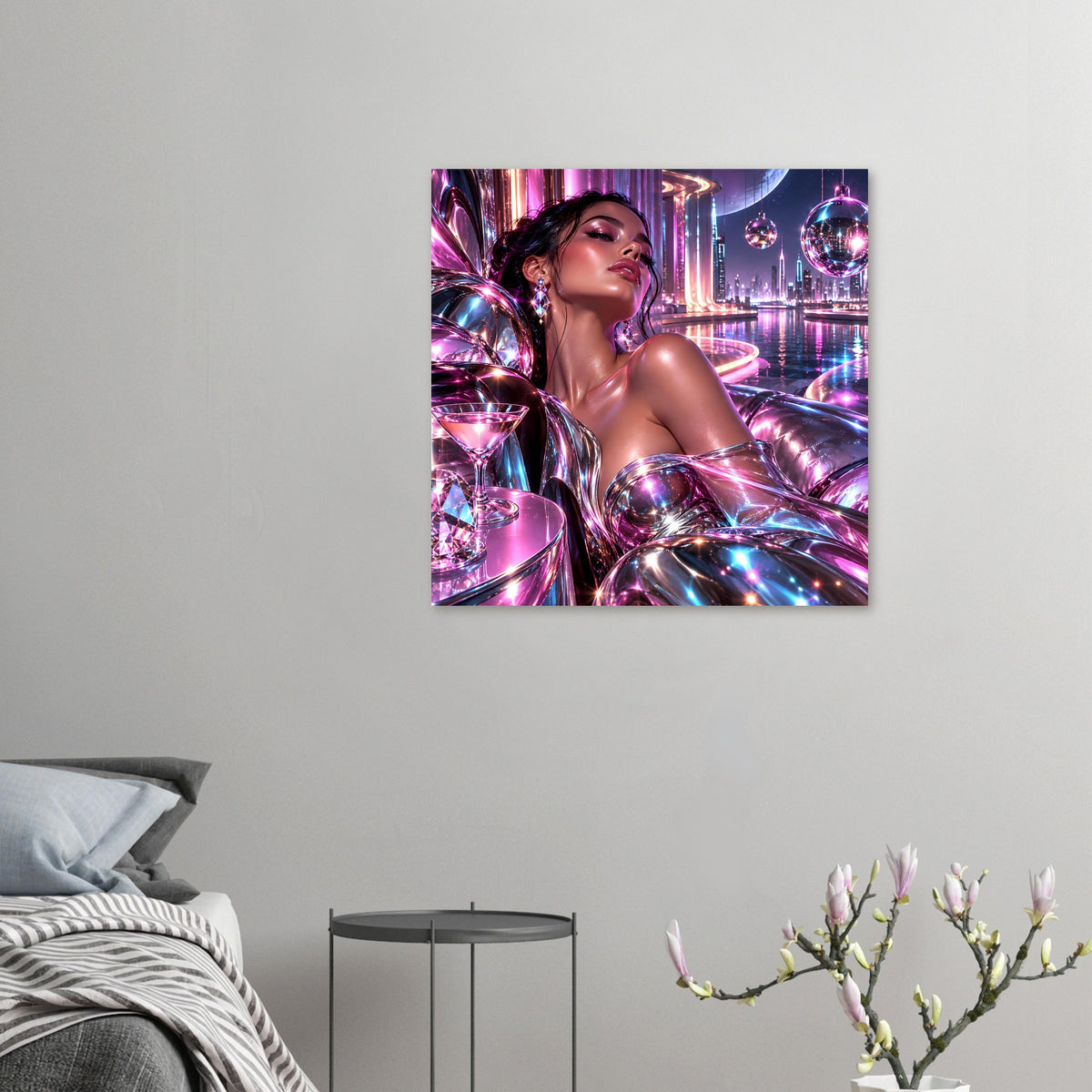 Neon-Poster im Querformat mit Frau im Spiegellook, funkelnde Kugeln und futuristische Stadt