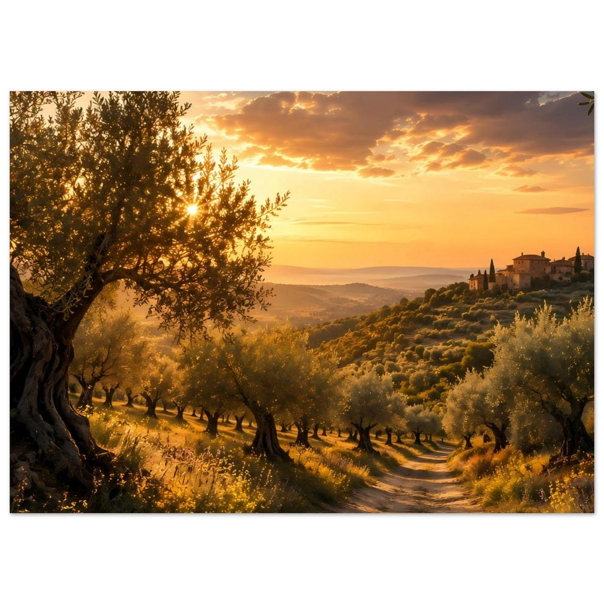 Poster mit Olivenhain, gewundenem Feldweg und Dorf am goldenen Abendhimmel