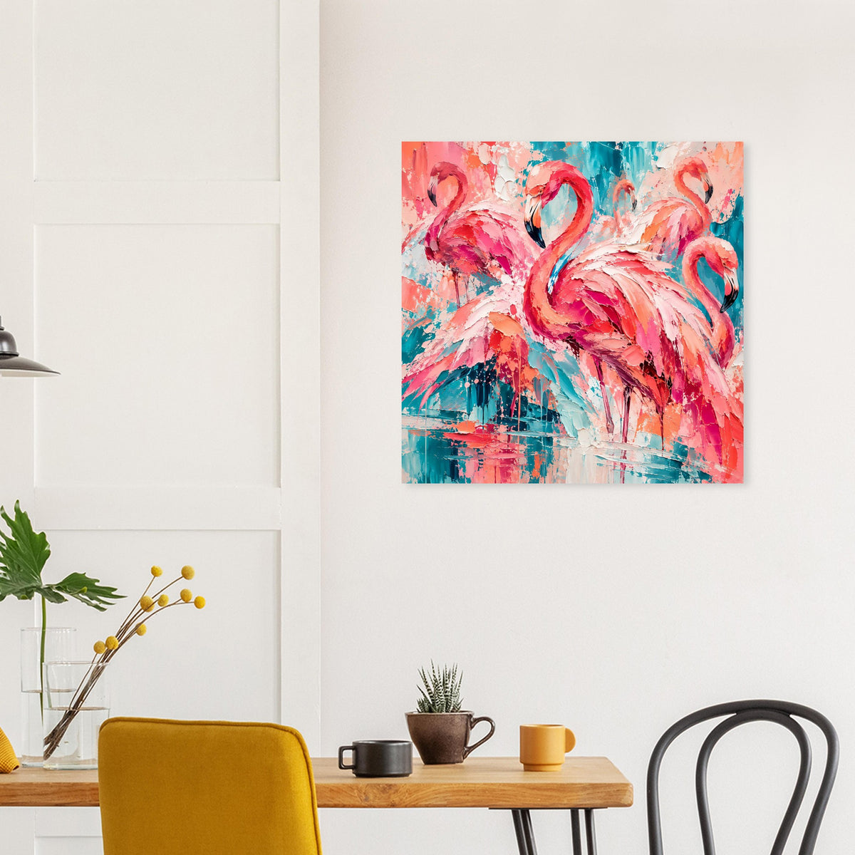 Flamingo-Kunstposter mit pinkem Vogel und türkisblauem Farbverlauf, abstrakte Optik