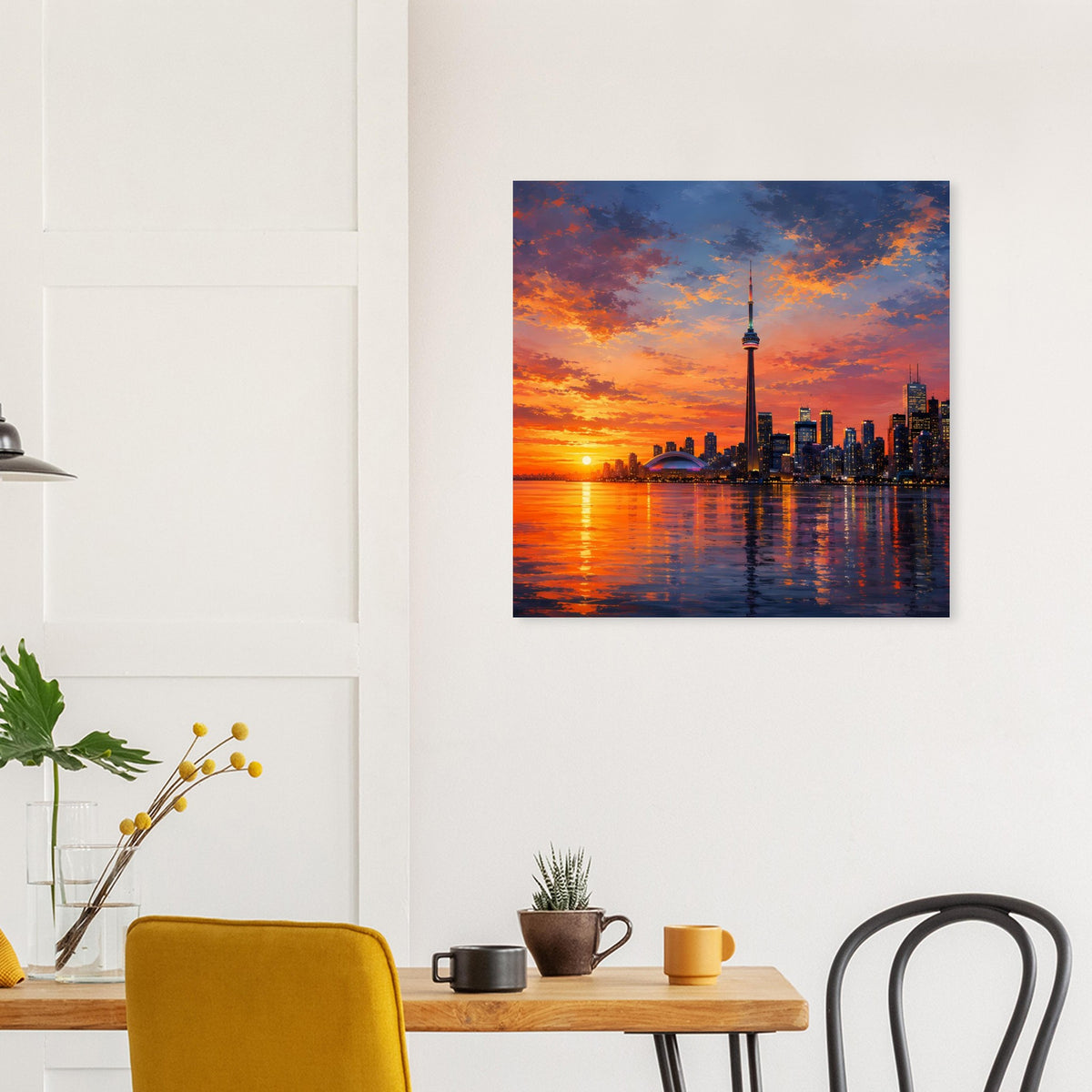 Poster mit Skyline im Abendrot: Sonnenuntergang über Fluss, Fernsehturm im Zentrum.