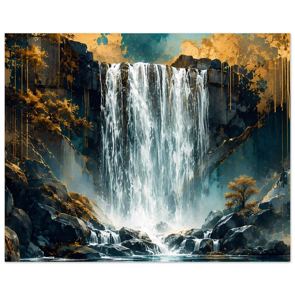 Poster mit Wasserfall zwischen Felsen, türkisfarbenes Licht, goldfarbene Spritzer