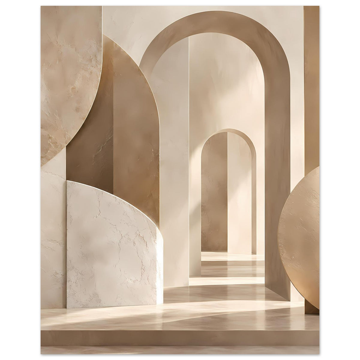Kunstposter mit Bögen und Marmorstruktur in Beige, Arkadenform mittig, Kreis rechts