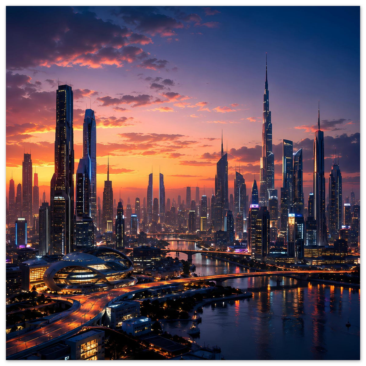 Poster mit Skyline bei Sonnenuntergang, Querformat, beleuchteter Fluss und Gebäude