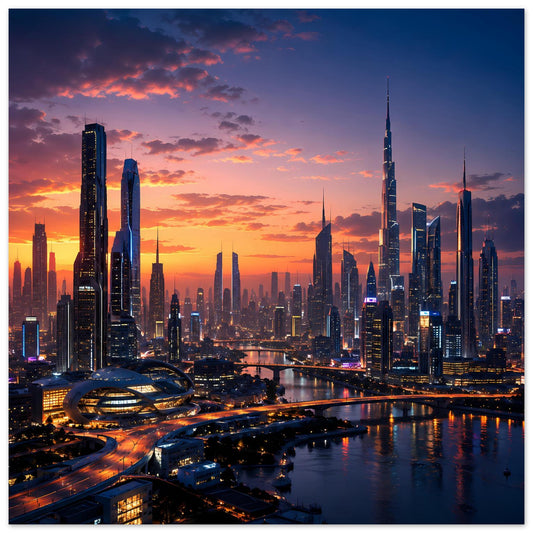 Poster mit Skyline bei Sonnenuntergang, Querformat, beleuchteter Fluss und Gebäude