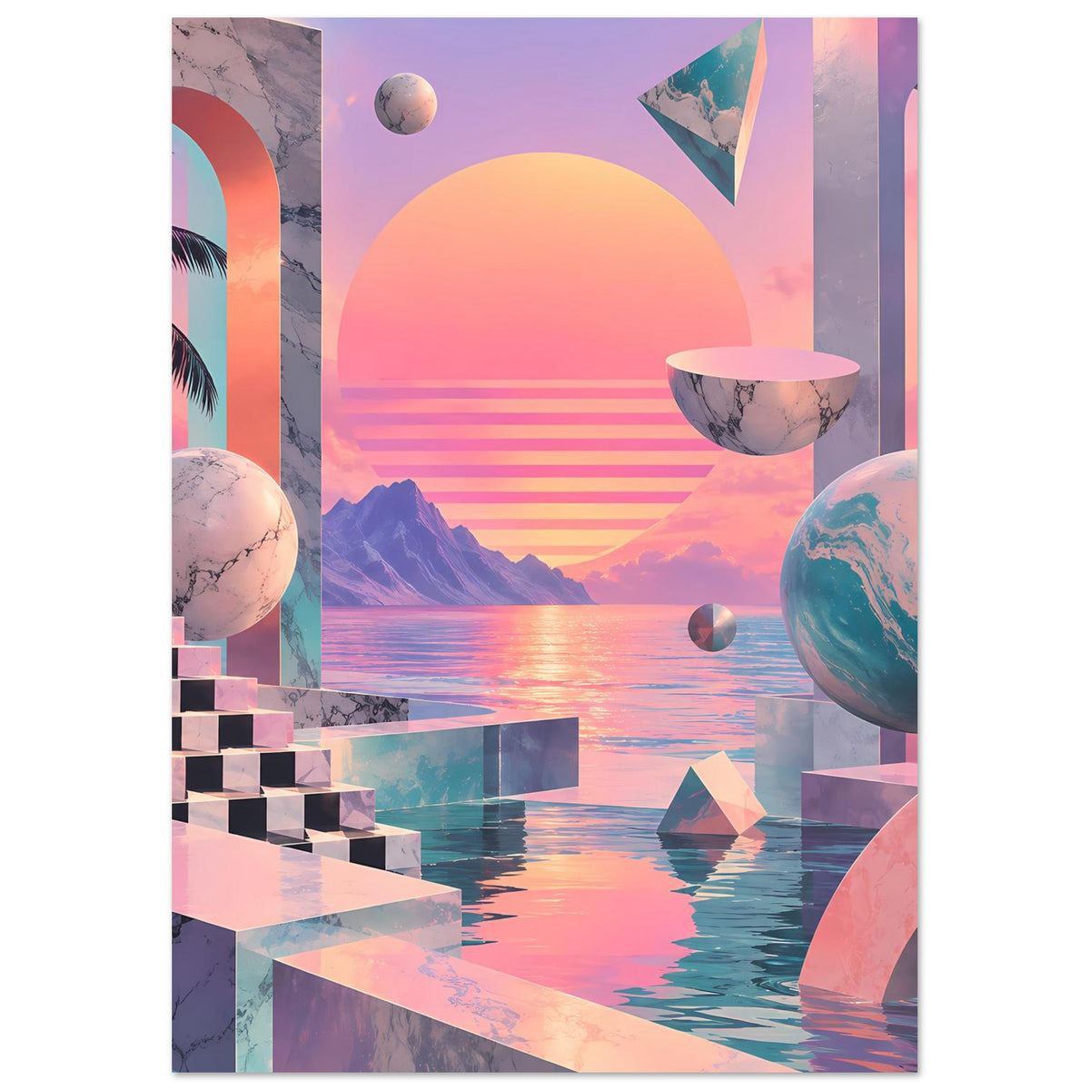 Poster im Hochformat mit Sonnenuntergangshorizont, geometrischen Formen und schwebenden Planeten