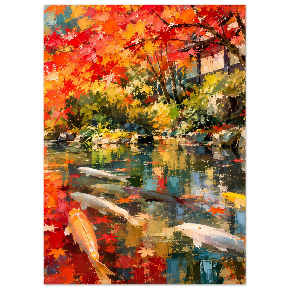 Poster mit Koi im Vordergrund und Herbstbäumen im Hintergrund, Spiegelungen im Teich