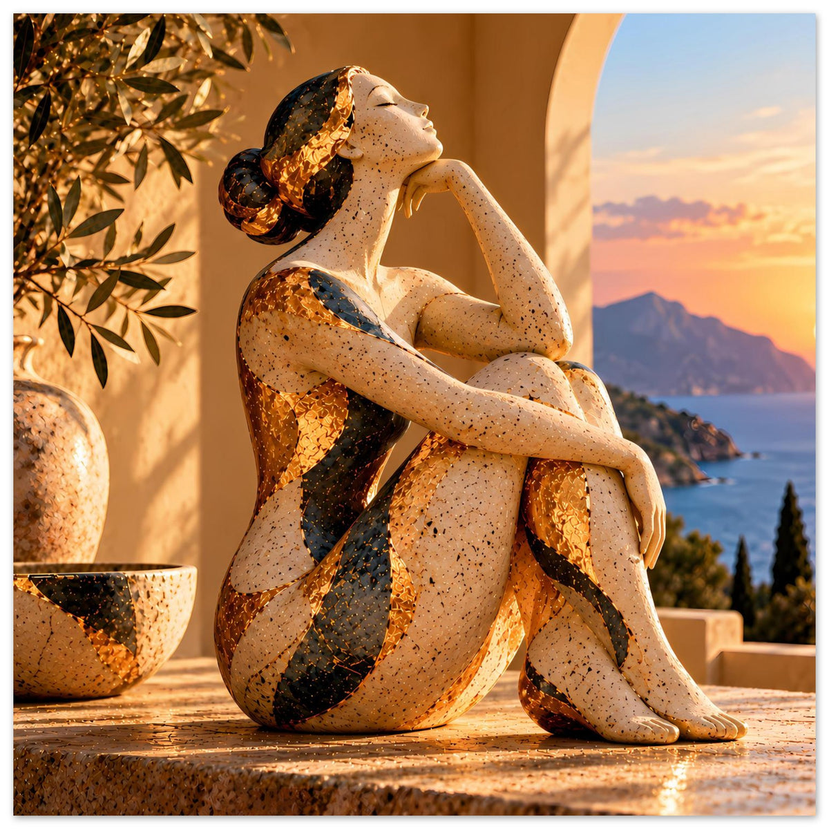 Poster mit sitzender Bronzefigur am Meer, warmes Sunset, abstraktes Punktmuster