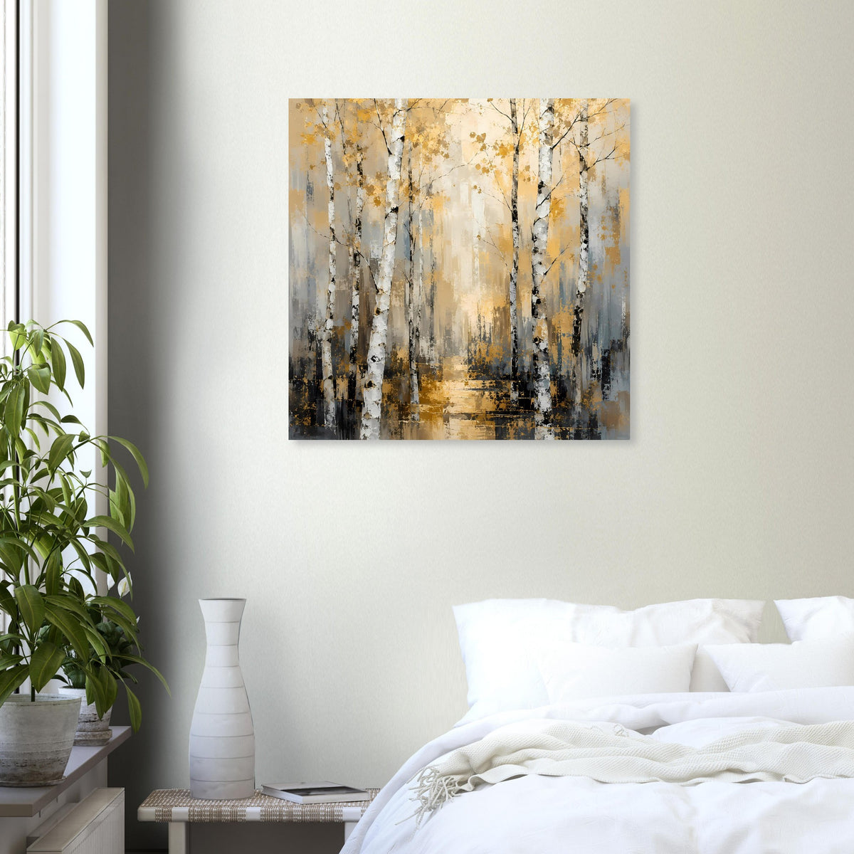 Poster mit Birkenwald-Landschaft, hellen Birkenstämmen und goldgelben Sprenkeln