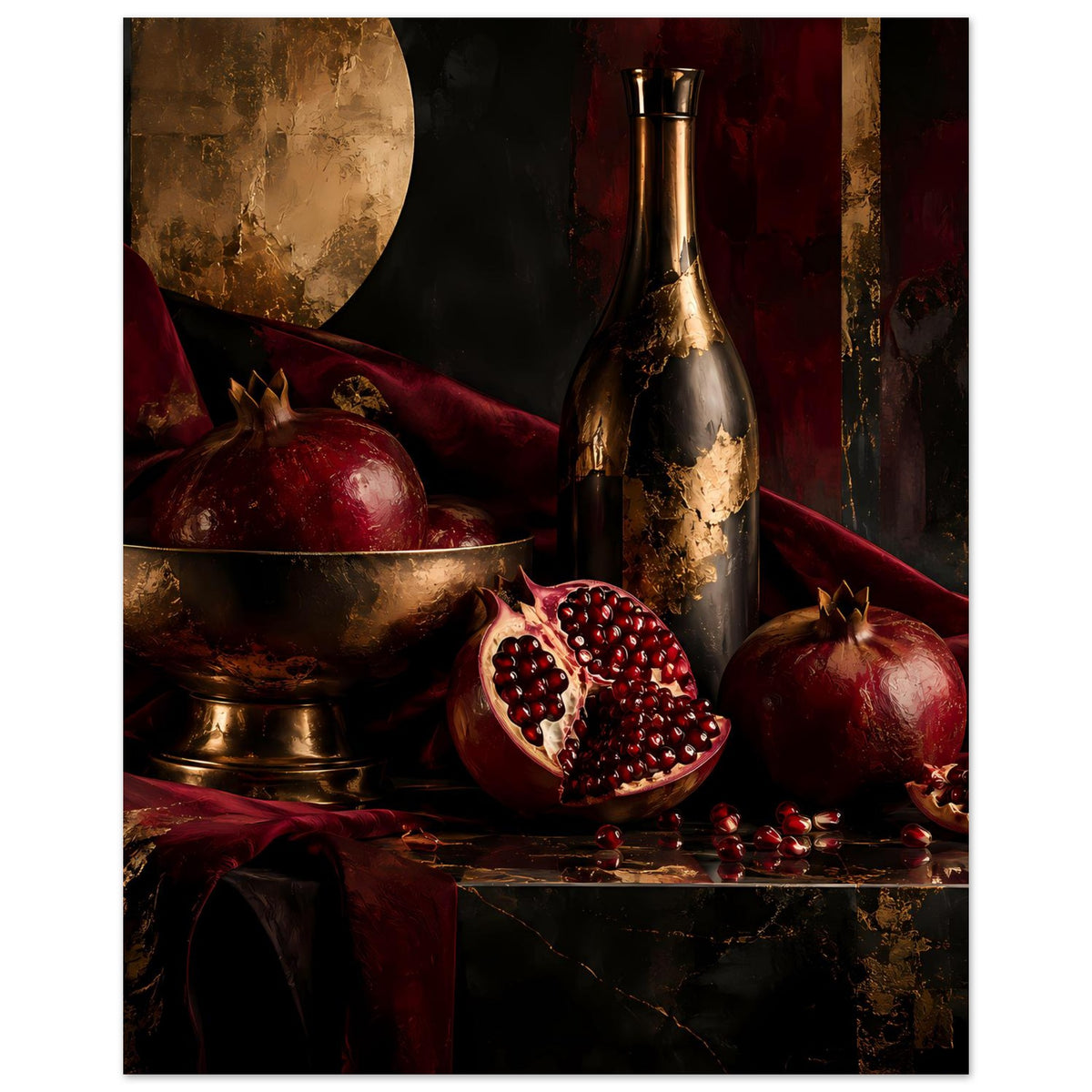 Poster mit Granatäpfeln, angeschnittener Frucht, goldener Schale und Vase als Blickfang