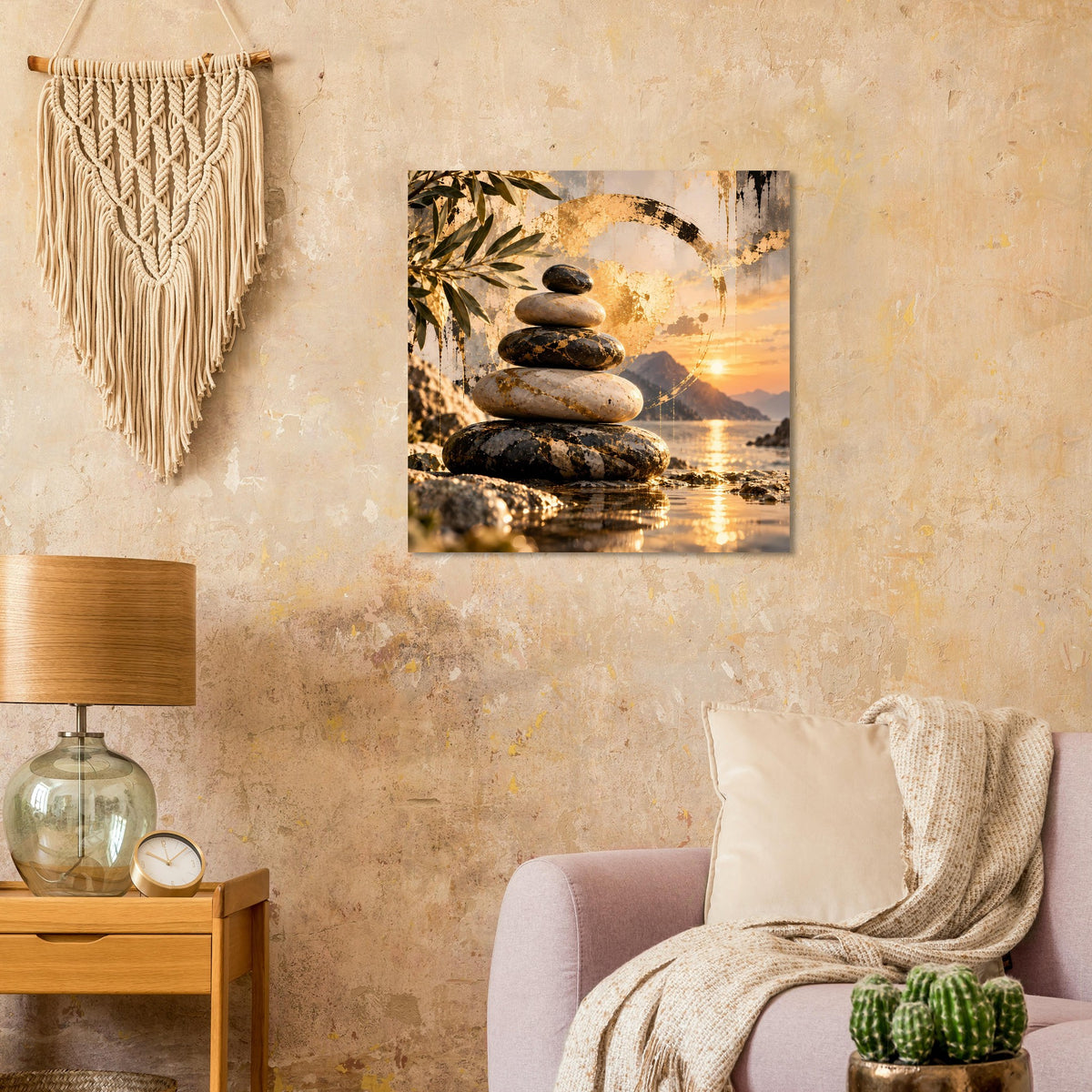 Zen-Harmonie-Poster: Steinturm vor Sonnenuntergang, Wasserreflexe und Blattdetails