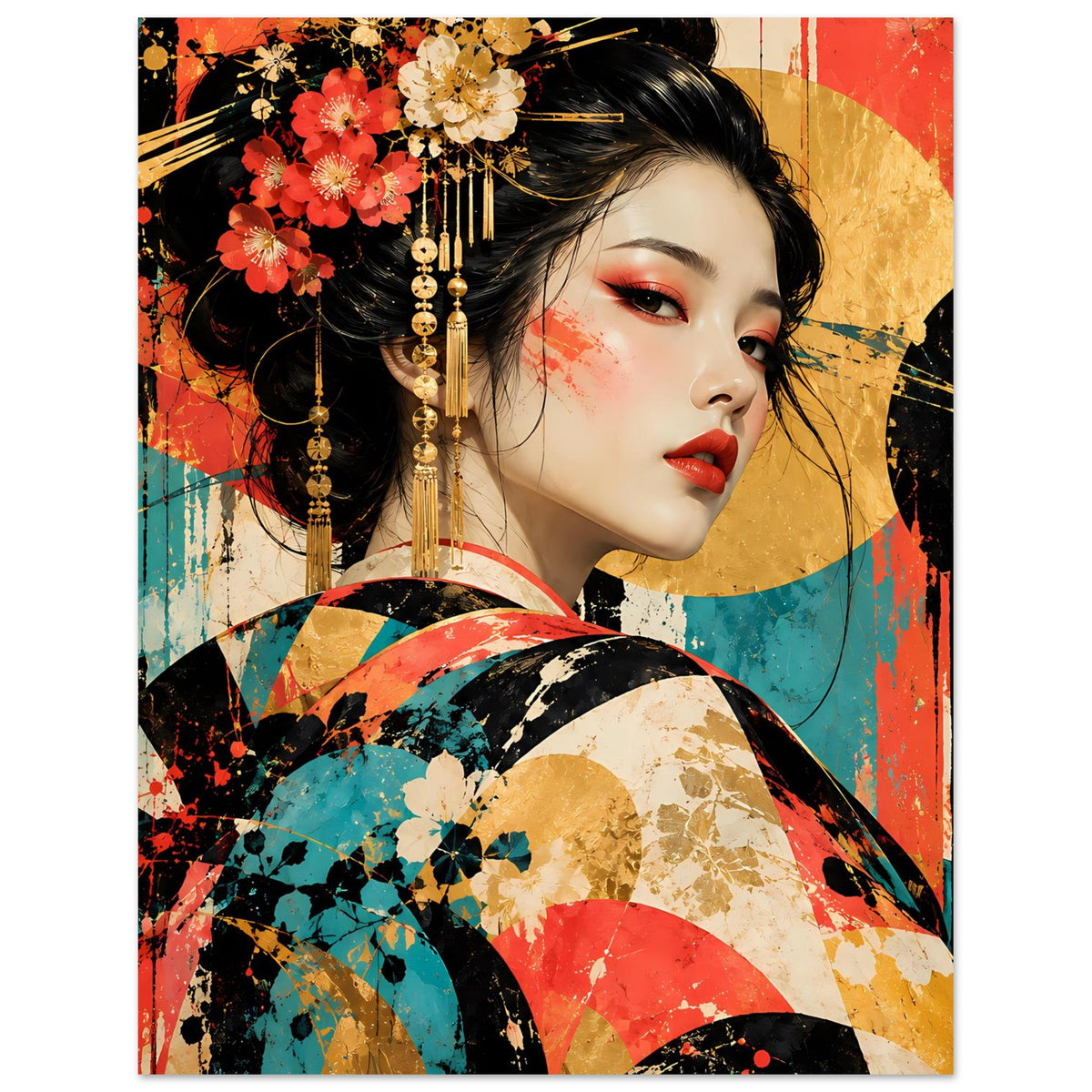 Kunstposter im Hochformat: Geisha mit rotem Lippenstift, goldenen Anhängern und buntem Hintergrund