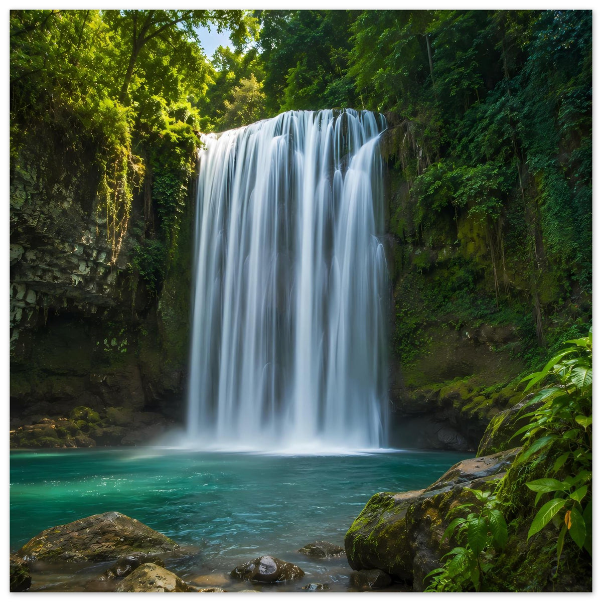 Wasserfall-Poster: breite Wasserfälle über Felsen, türkisfarbenes Wasser im Vordergrund