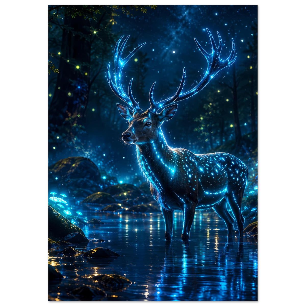 Poster mit leuchtendem Hirsch, blau leuchtende Punkte im nächtlichen Waldsee