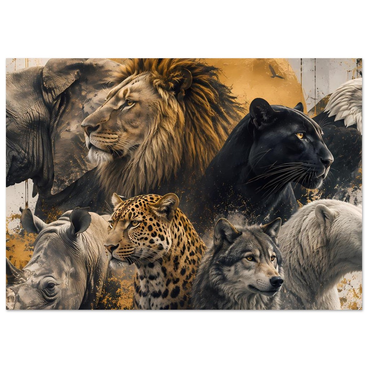 Poster mit Löwe und Panther, darunter Leopard und Wölfe, Raubtiercollage