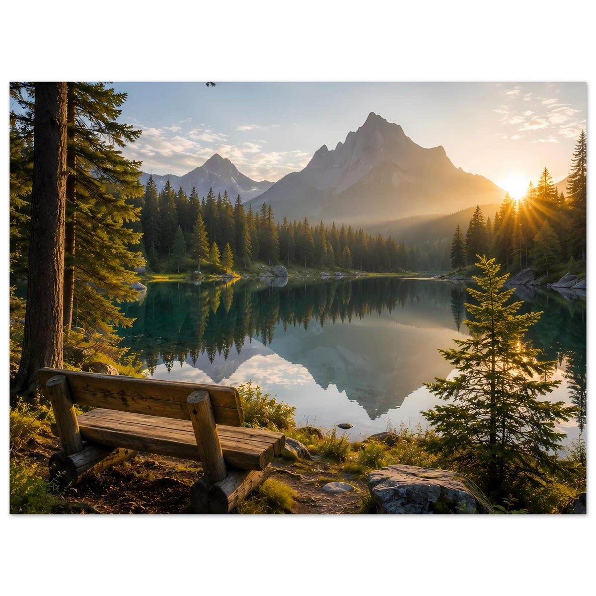 Poster im Querformat: Bergsee bei goldenem Licht, Berge im Hintergrund und Bank