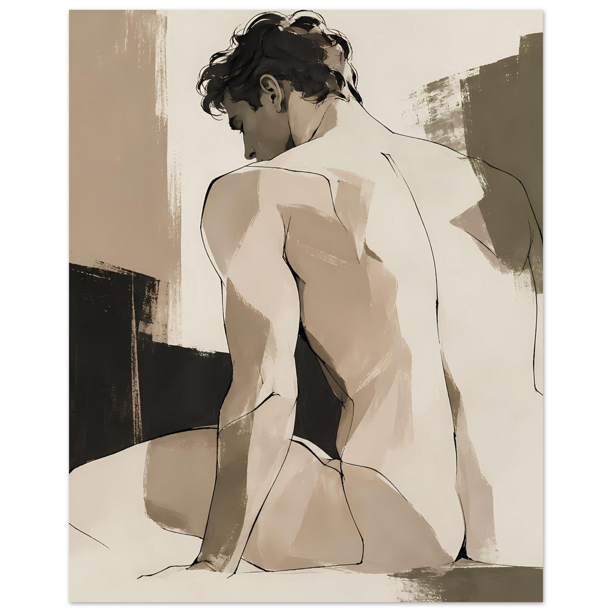 Kunstposter: Rückenansicht einer männlichen Figur, sepia Farbstufen und Linien