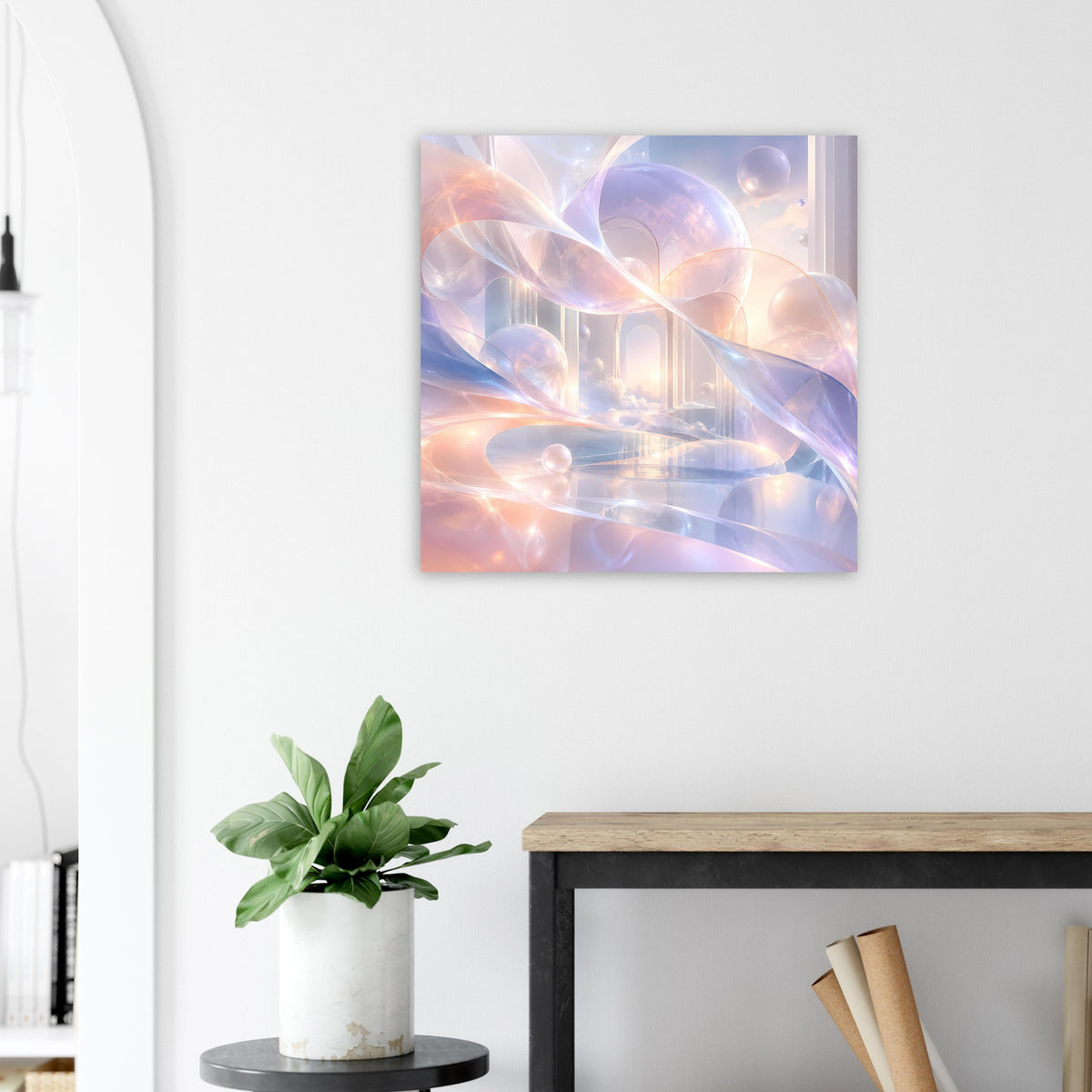 Quadratischer Kunstdruck mit pastellfarbenem abstraktem Fantasy-Design in Blau, Lila und Apricot