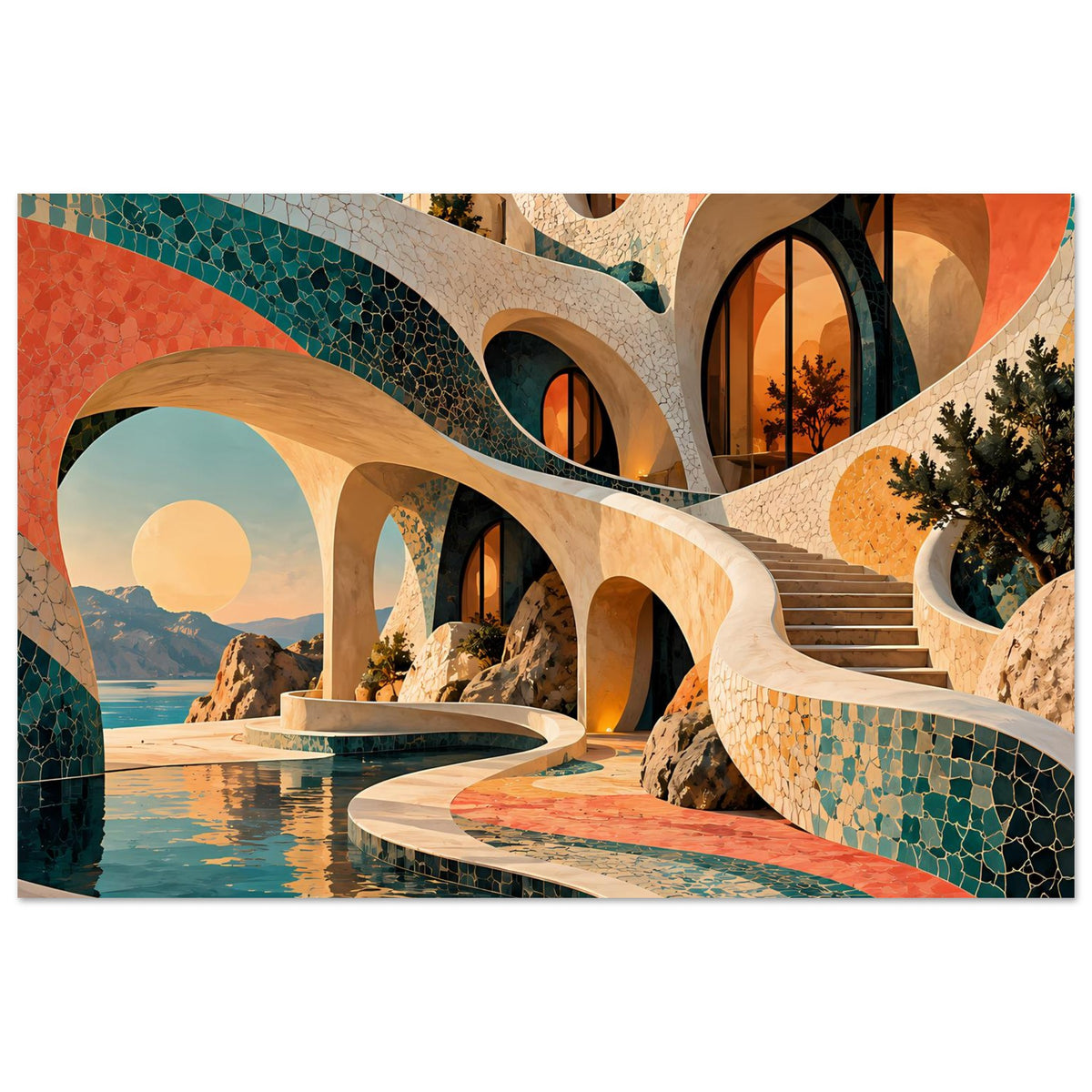 Kunstposter mit Mosaikarchitektur: geschwungene Bögen, türkis-korallfarbene Flächen, Pool