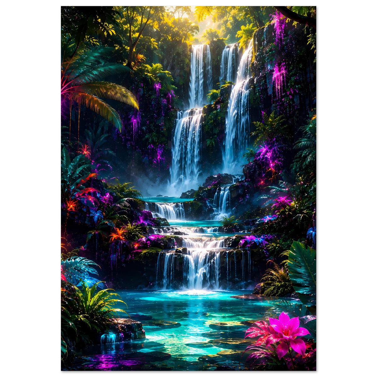 Neonfarbenes Poster mit mehrstufigem Wasserfall im Regenwald, bunt leuchtende Blumen