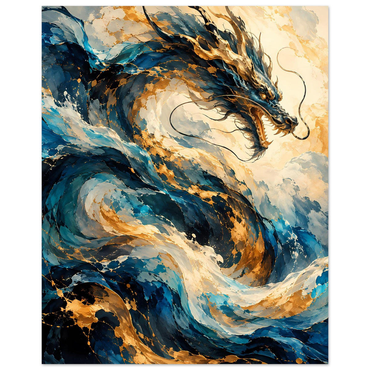 Fantasy-Poster mit blauem Drachen in Flugpose, goldenen Akzenten und geöffnetem Maul
