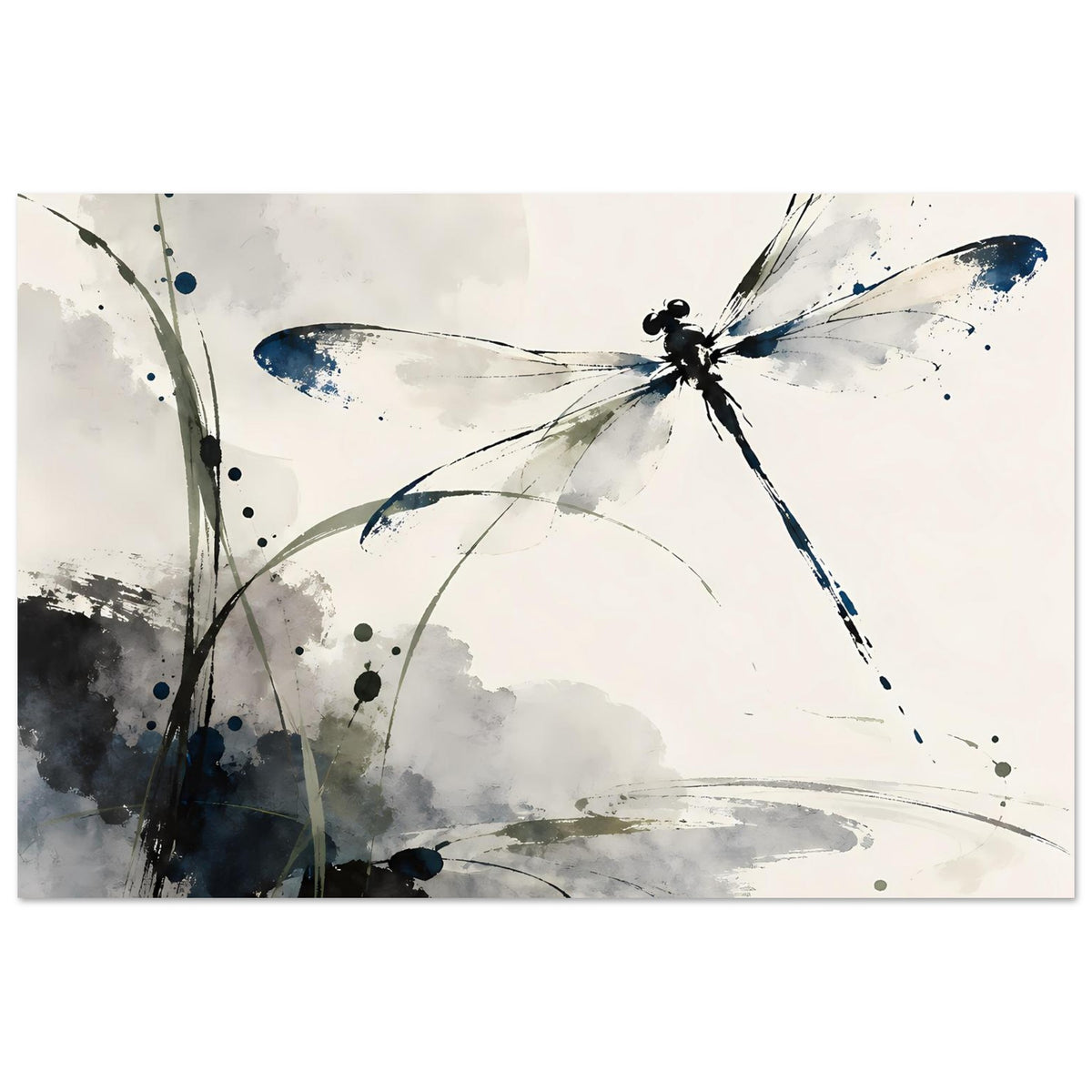Horizontales Aquarell-Poster mit Libelle in Blau und Grau, klarer Schmetterlingsflügel-Look