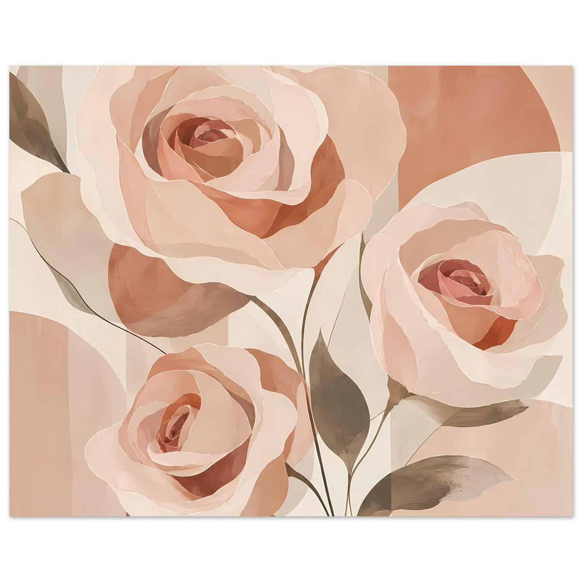 Blumenposter mit großen Rosen in Creme, Rosa und Pfirsich, feine Stängellinien