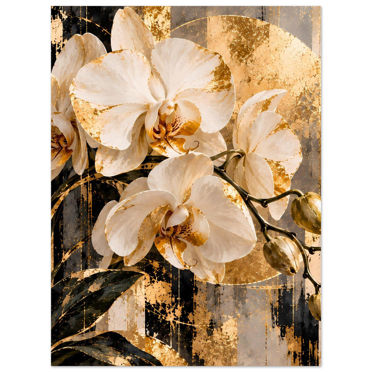 Orchideen-Wandposter mit weißen Blüten, goldenen Akzenten und dunklem abstraktem Hintergrund