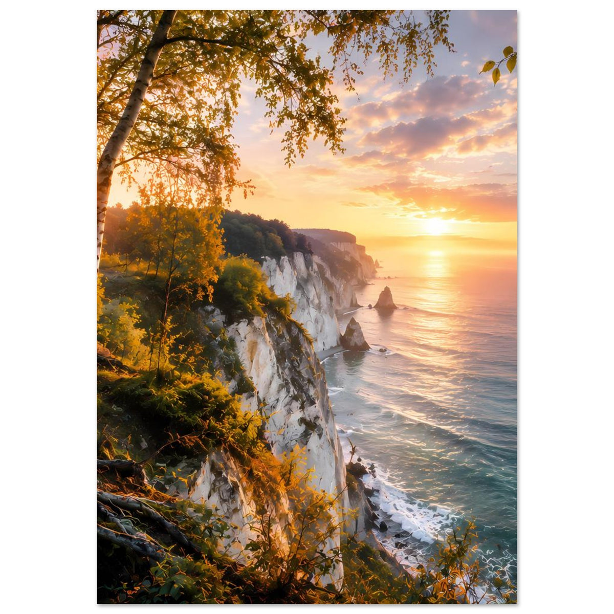 Vertikales Poster: Küstenklippen und Meer bei Sonnenuntergang, Wellen, Blätter und Felsen