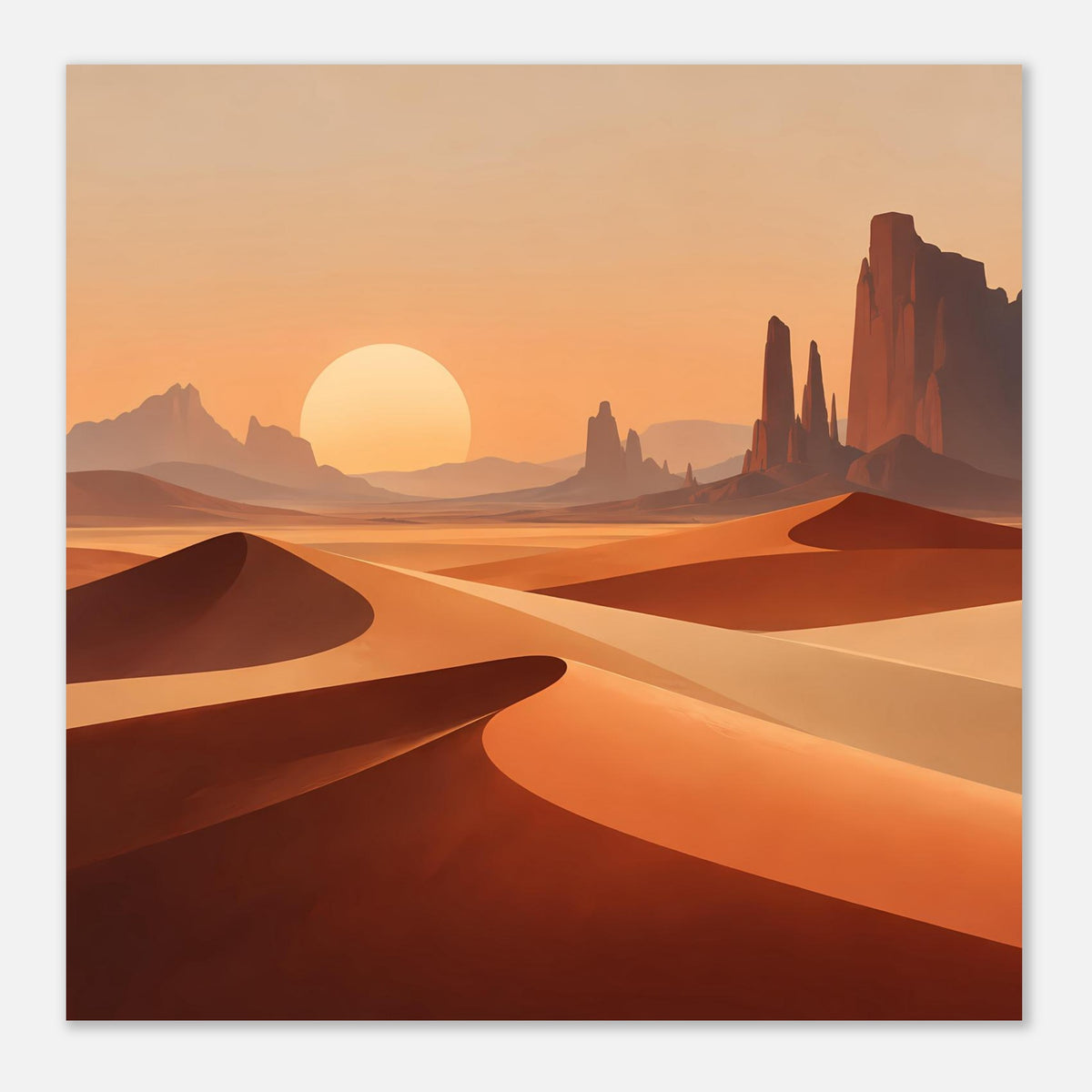 Horizontales Poster mit Wüstenlandschaft, rötlich-orange Dünen und großer Sonne.