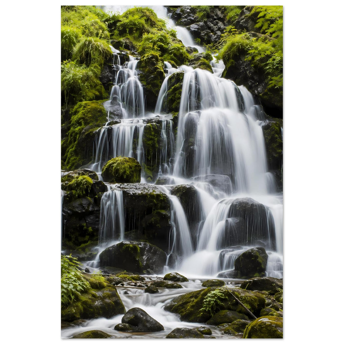 Wasserfall-Poster im Hochformat mit weißem Wasser und dichtem grünem Bewuchs