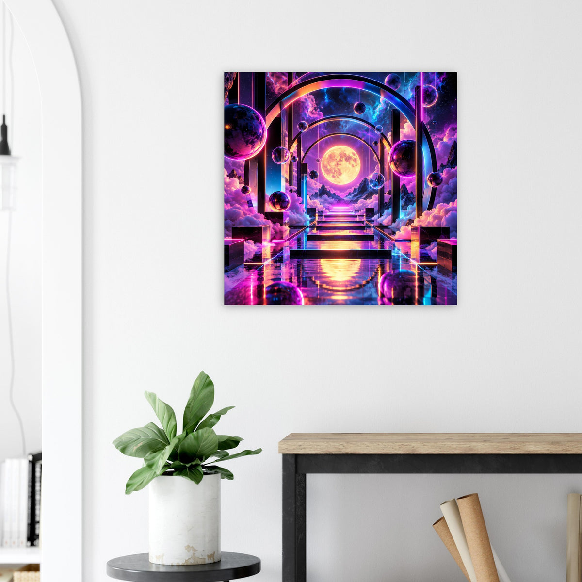 Rechteckiges Poster mit neonfarbenem Tunnel, Planetenlichtern und reflektierender Treppe