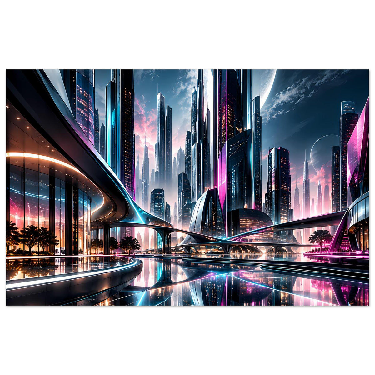 Neon-Stadt-Skyline-Poster (querformat): futuristische Gebäude, lila-blaue Lichter und reflektierendes Wasser