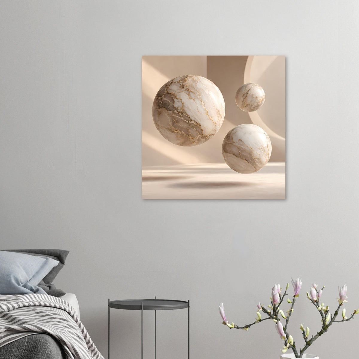 Kleines Poster im Querformat mit drei Marmorkugeln, cremefarben und beige mit Adern