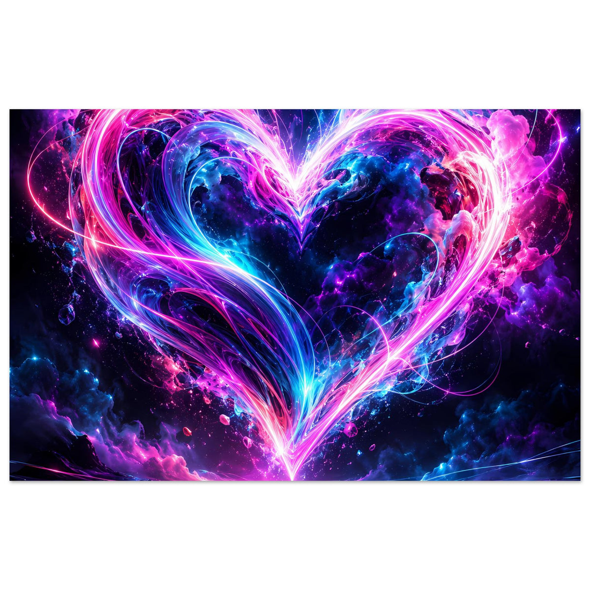 Modernes Kunstposter mit leuchtendem Neonherz in Pink und Blau, horizontal