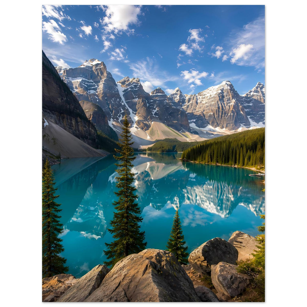 Hochkant-Wandposter mit türkisblauem See, Nadelwald und schneebedeckten Bergspitzen