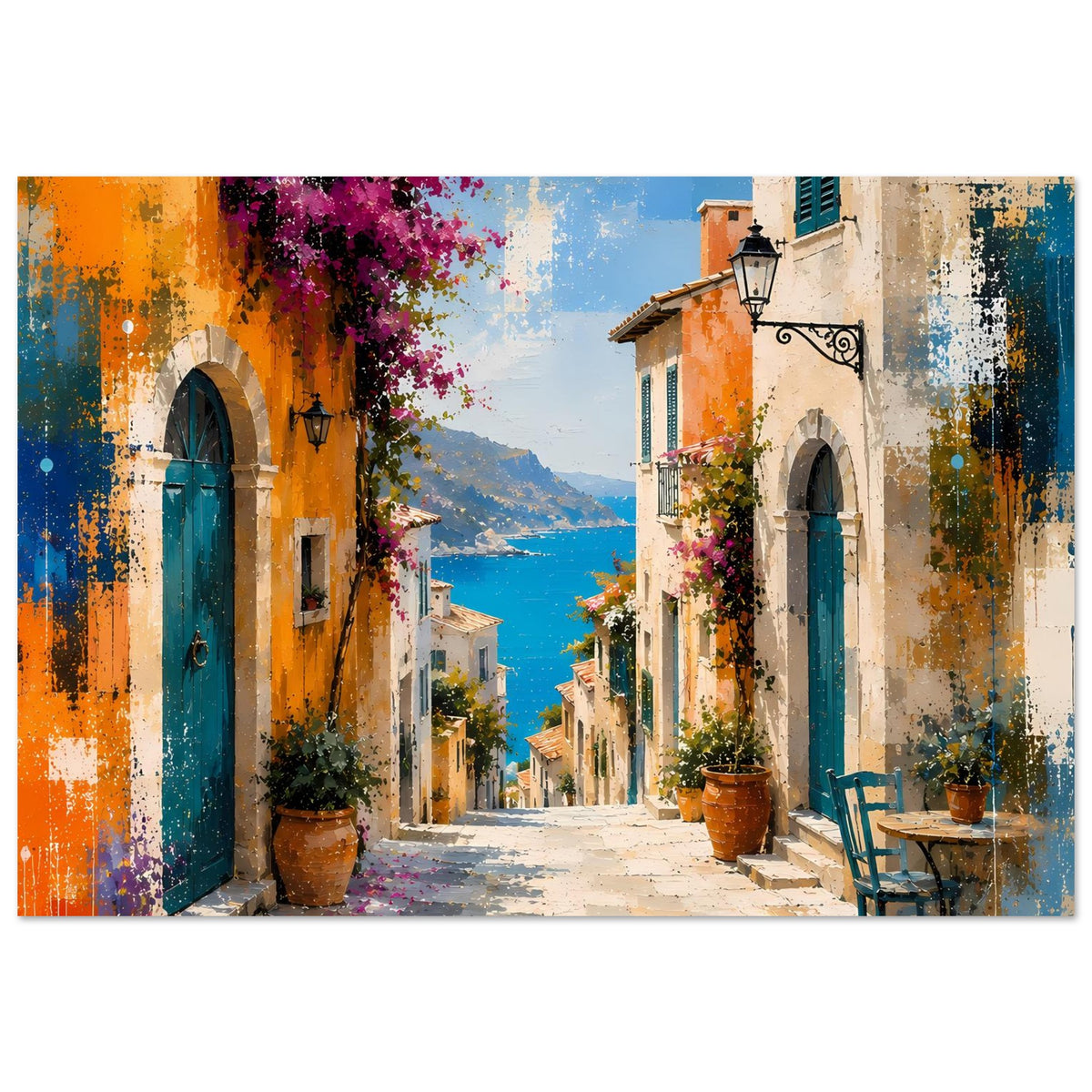 Mediterranes Gassen-Poster mit Meerblick, gepflastertem Weg, Töpfen und buntem Farbauftrag