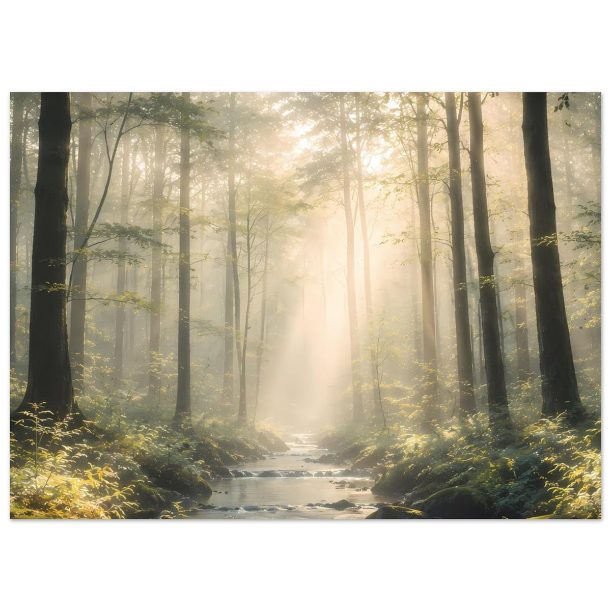 Naturposter in Querformat: Waldweg mit Bach, Sonnenstrahlen, dichter Lichtnebel, Grün