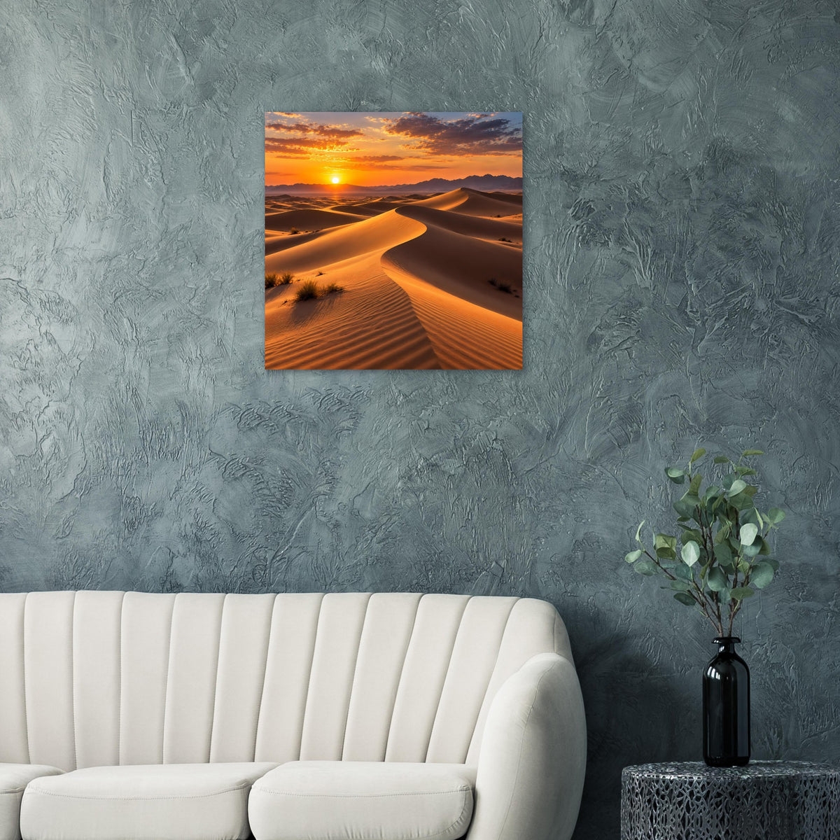 Quadratisches Poster mit Dünen und Sonnenuntergang, warmes Licht und dunkler Himmel