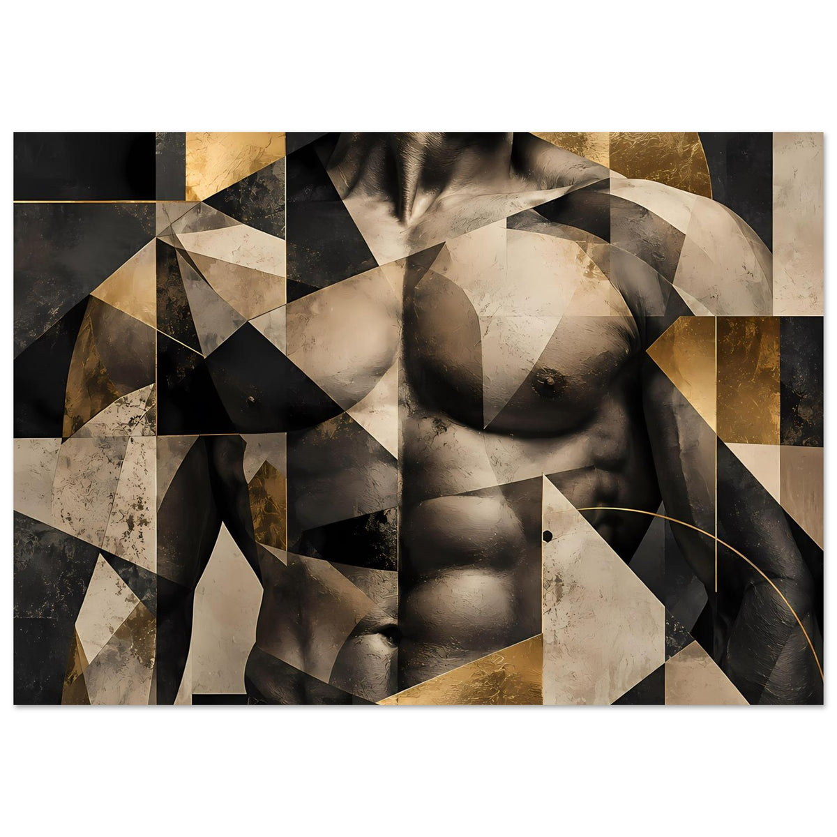 Abstraktes Poster mit Aktmotiv: Körperausschnitt, goldene und beiger geometrische Formen