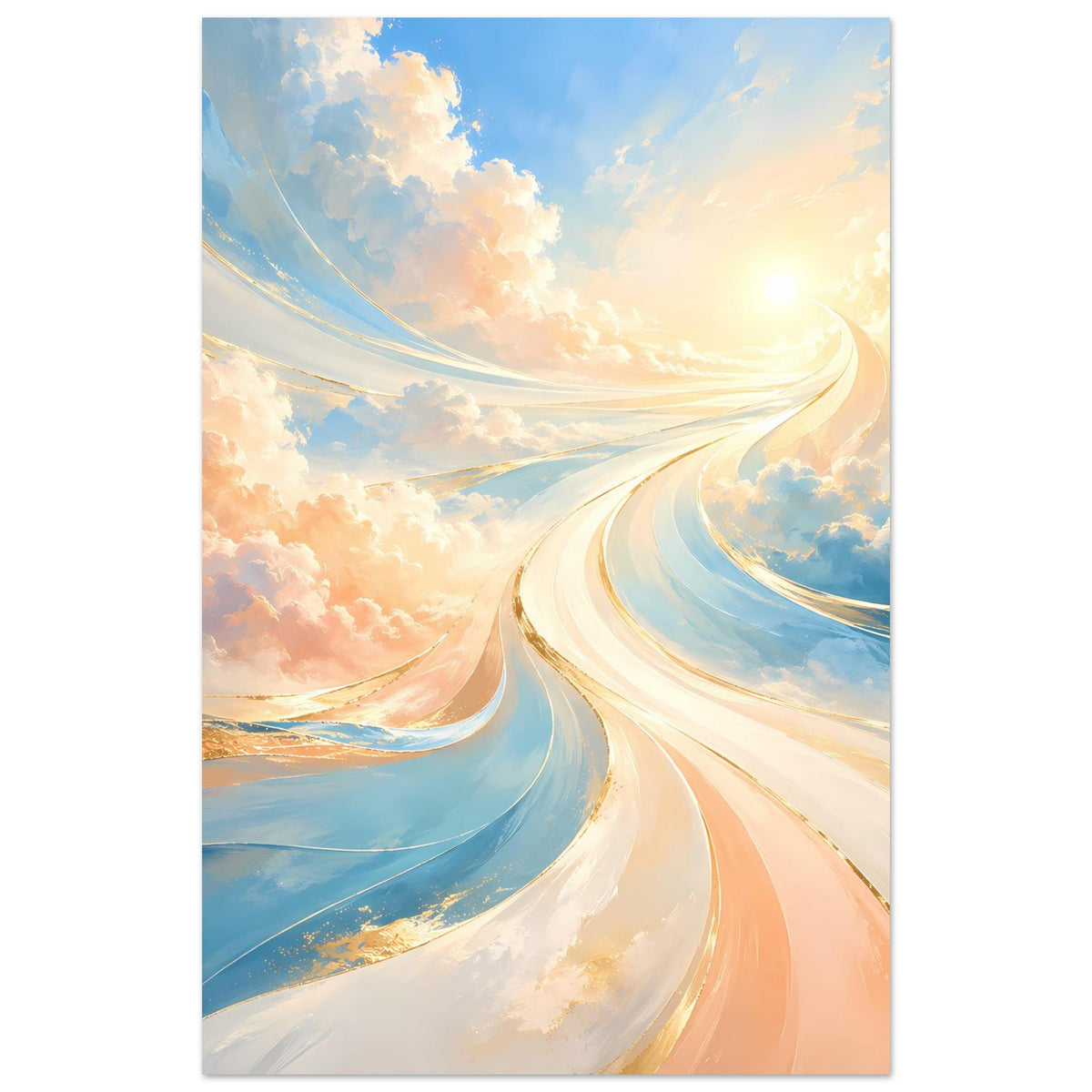 Fantasie-Poster im Hochformat: pastellige Wolken und ein heller, gewundener Pfad