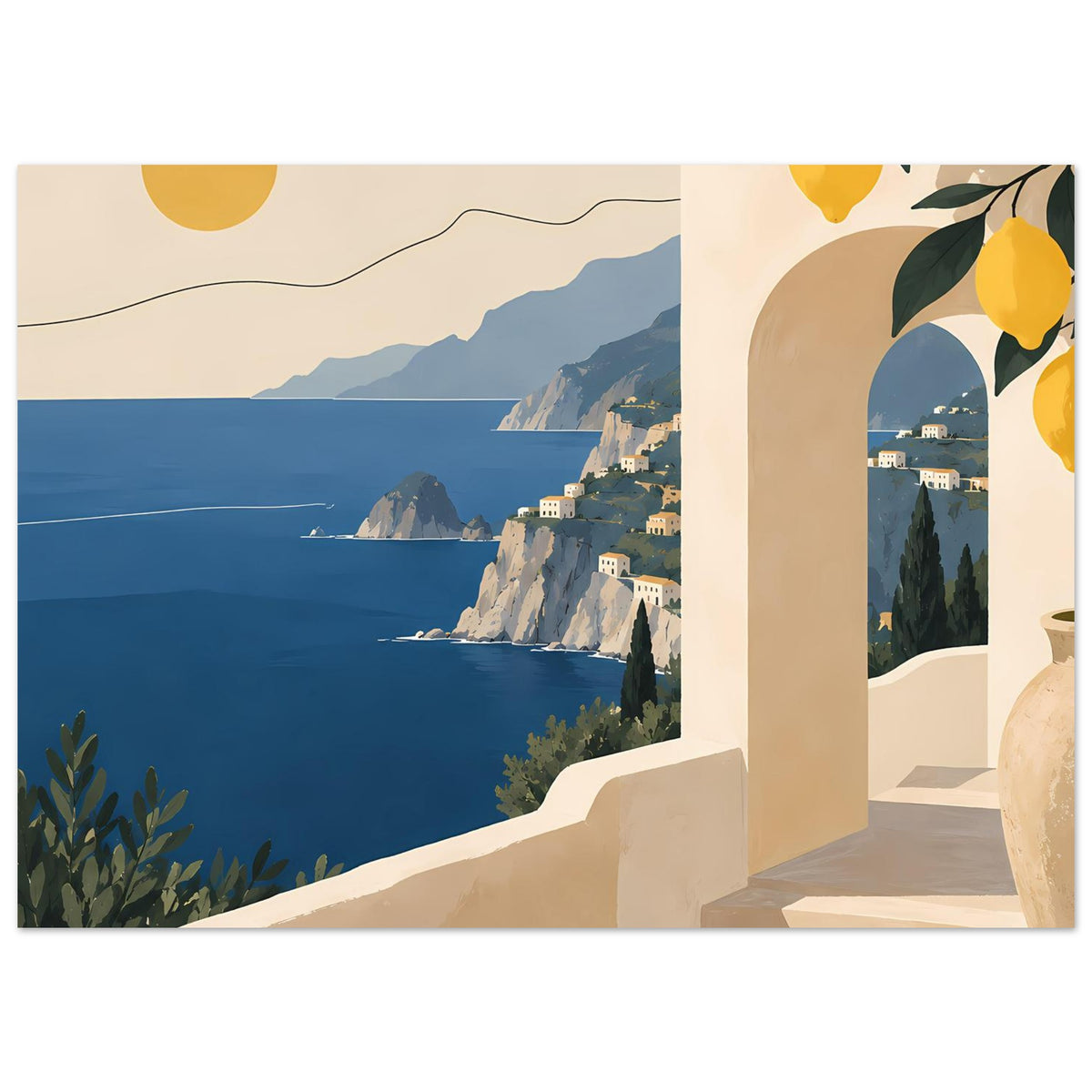 Mediterranes Landschaftsposter mit Küste, Meer, Felsen und Zitronenzweigen am Bogen