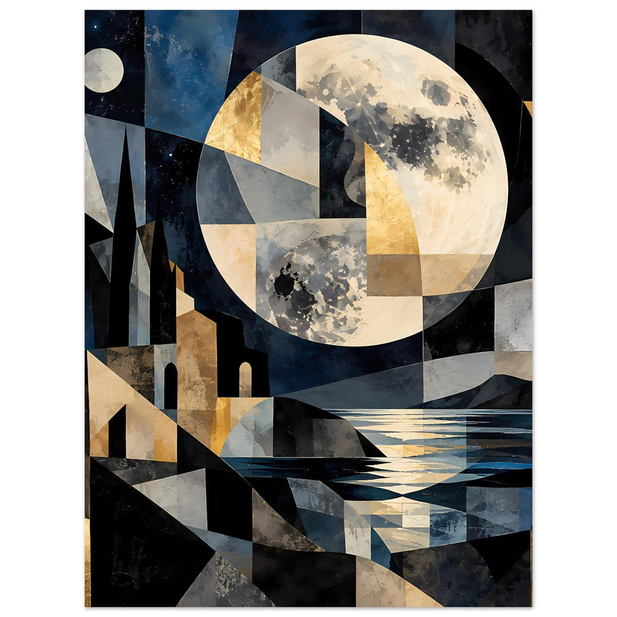 Poster im Hochformat mit geometrischem Mondbild, Burgformen und Brücke in Blau/Grau/Gold