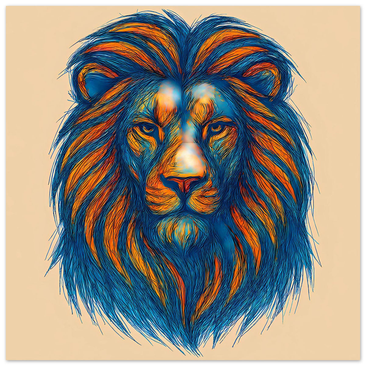 Löwenporträt-Poster: farbenfroher Löwe in Blau mit orangefarbenen Akzenten, frontal.