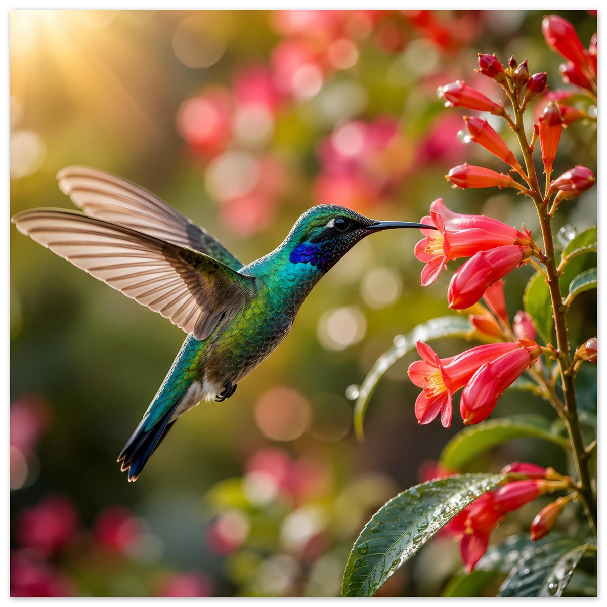 Querformatiges Poster: Kolibri im Flug vor roten Blüten, Flügel deutlich sichtbar