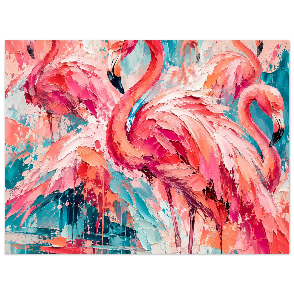 Flamingo-Poster mit abstrakter Malerei: Pink- und Türkis-Töne, strukturierte Federformen, Detaillinien.