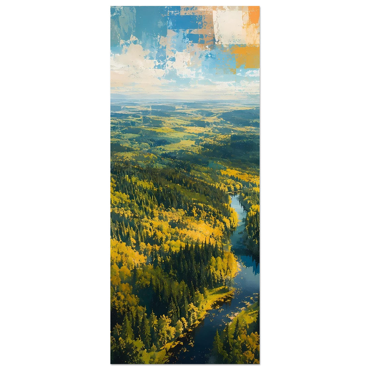 Herbstwald-Poster mit Fluss im Wald, senkrechtes Motiv, gerahmt